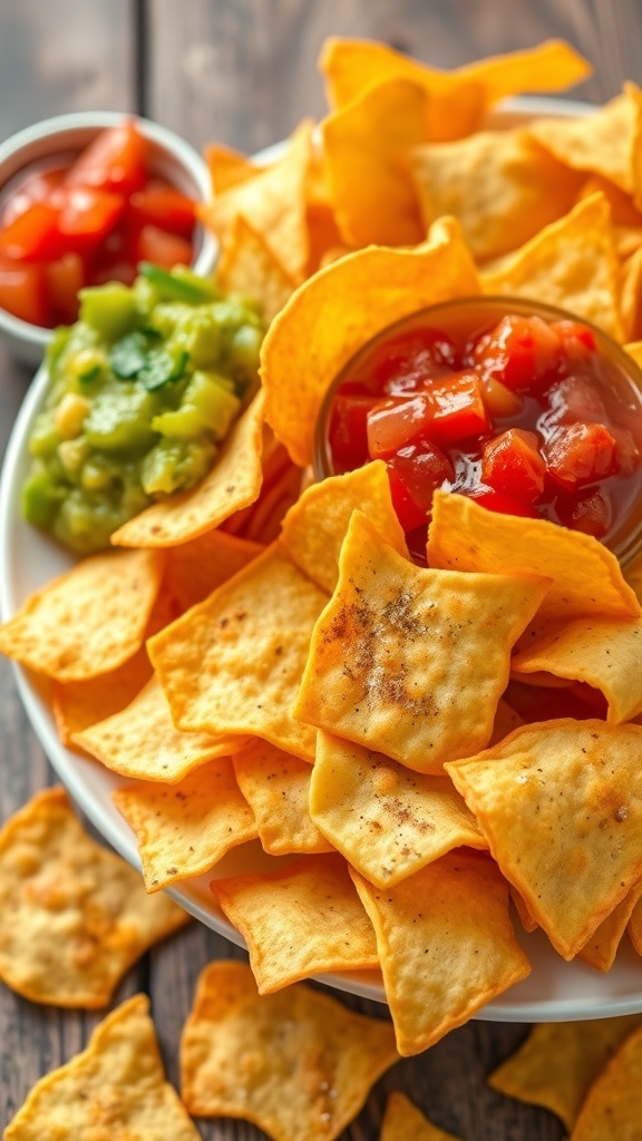 A plate of crispy homemade nacho chips with salsa and guacamole on a rustic table.